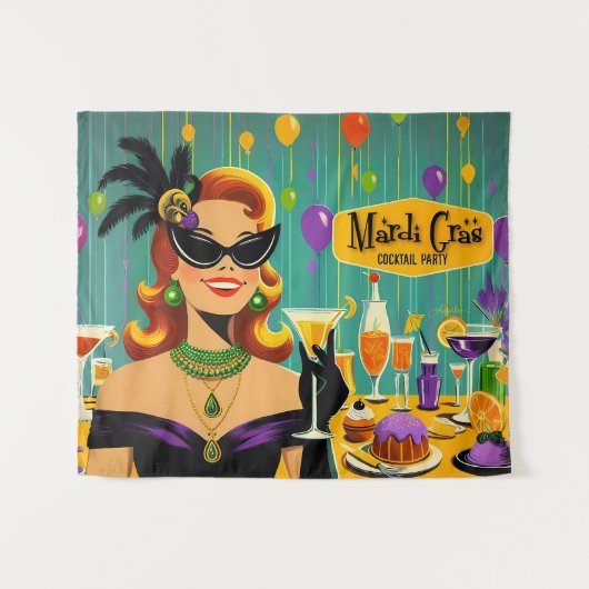 Retro 50s Mardi Gras Cocktail Party タペストリー (正面(横))