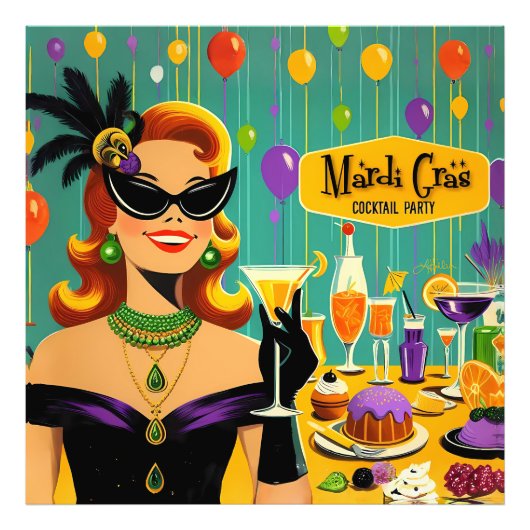 Retro 50s Mardi Gras Cocktail Party フォトプリント (正面)