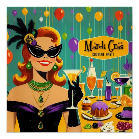 Retro 50s Mardi Gras Cocktail Party ポスター (正面)
