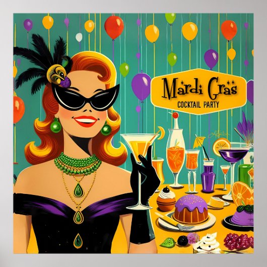 Retro 50s Mardi Gras Cocktail Party ポスター (正面)