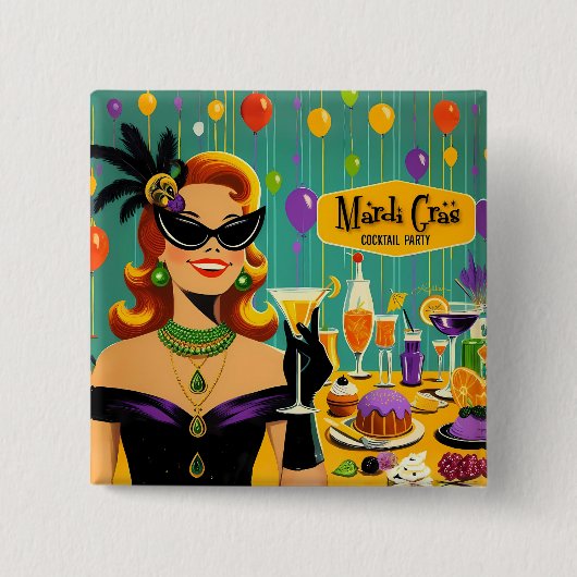 Retro 50s Mardi Gras Cocktail Party 缶バッジ (正面)