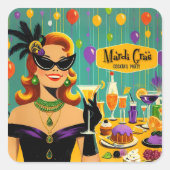 Retro 50s Mardi Gras Martini Cocktail Party スクエアシール (正面)