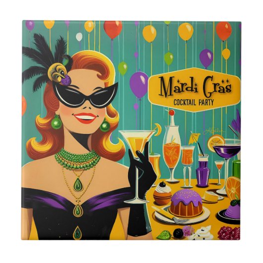 Retro 50s Mardi Gras Martini Cocktail Party タイル (正面)