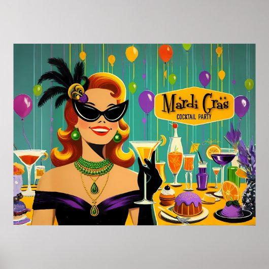 Retro 50s Mardi Gras Martini Cocktail Party ポスター (正面)