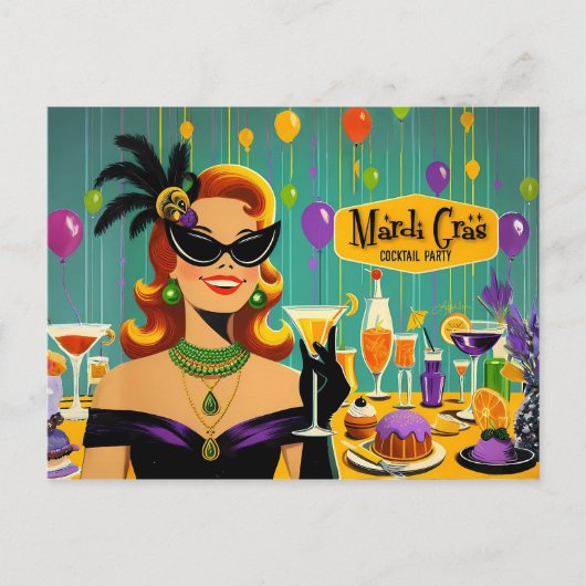 Retro 50s Mardi Gras Martini Cocktail Party ポストカード (正面)
