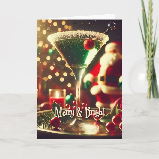 Retro 50s Santa Christmas Green Martini カード (正面)