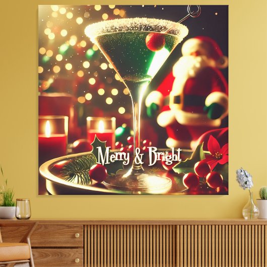 Retro 50s Santa Christmas Green Martini キャンバスプリント (インサイチュ (リビング))