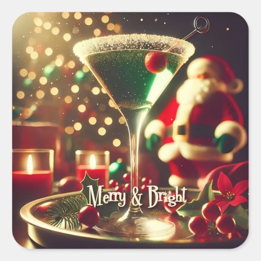 Retro 50s Santa Christmas Green Martini スクエアシール (正面)