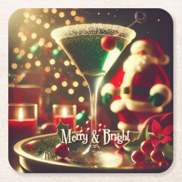 Retro 50s Santa Christmas Green Martini スクエアペーパーコースター