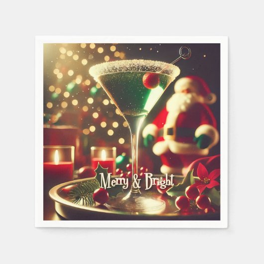 Retro 50s Santa Christmas Green Martini スタンダードカクテルナプキン (正面)