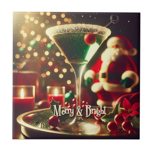 Retro 50s Santa Christmas Green Martini タイル (正面)