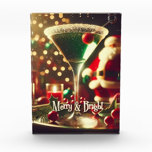 Retro 50s Santa Christmas Green Martini フォトブロック (正面)