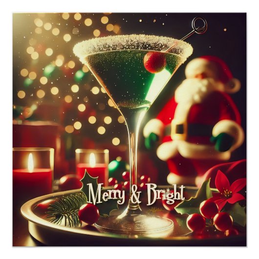Retro 50s Santa Christmas Green Martini ポスター (正面)