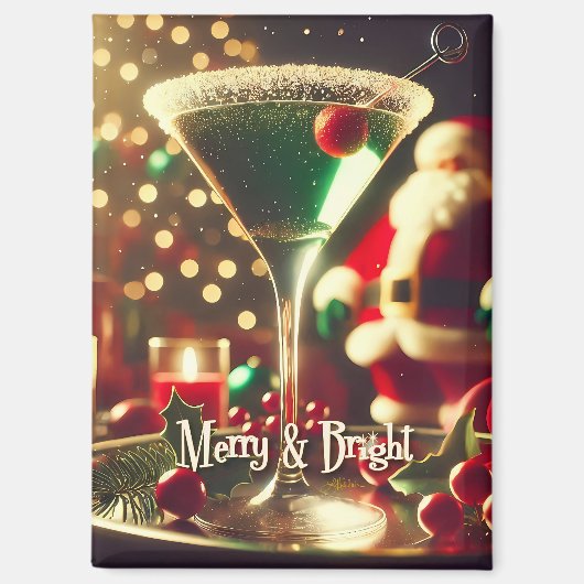 Retro 50s Santa Christmas Green Martini マグネット (正面)