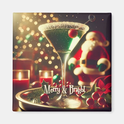 Retro 50s Santa Christmas Green Martini マグネット (正面)