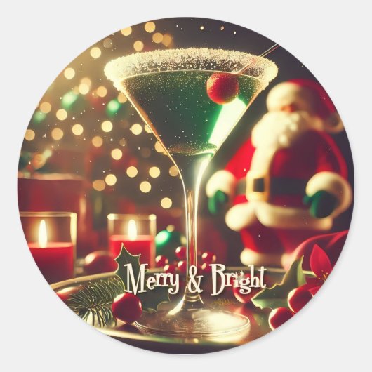 Retro 50s Santa Christmas Green Martini ラウンドシール (正面)