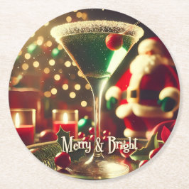 Retro 50s Santa Christmas Green Martini ラウンドペーパーコースター