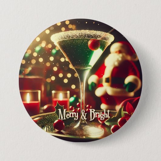 Retro 50s Santa Christmas Green Martini 缶バッジ (正面)
