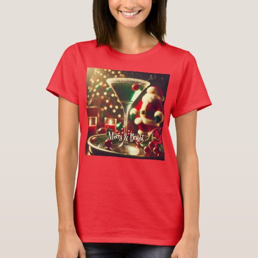 Retro 50s Santa Christmas Green Martini Tシャツ (正面)