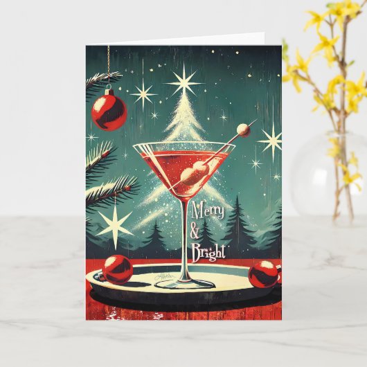 Retro 50s Snow Flurry Christmas Tree Martini カード (黄色い花)