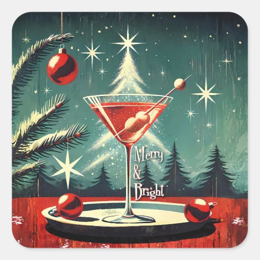 Retro 50s Snow Flurry Christmas Tree Martini スクエアシール (正面)