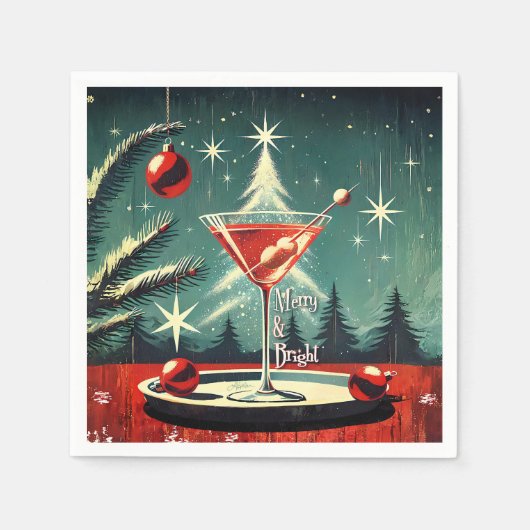 Retro 50s Snow Flurry Christmas Tree Martini スタンダードカクテルナプキン (正面)
