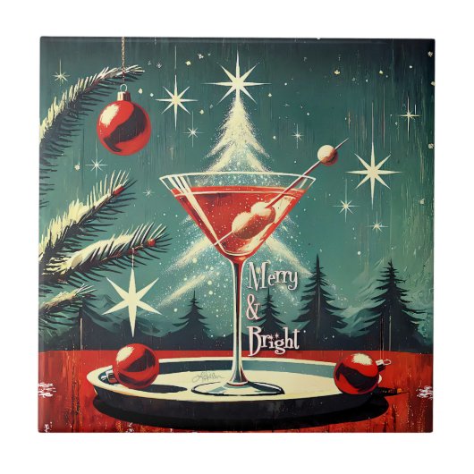 Retro 50s Snow Flurry Christmas Tree Martini タイル (正面)