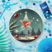 Retro 50s Snow Flurry Christmas Tree Martini ペーパープレート (パーティー)