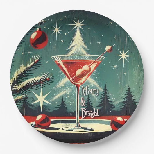 Retro 50s Snow Flurry Christmas Tree Martini ペーパープレート (正面)