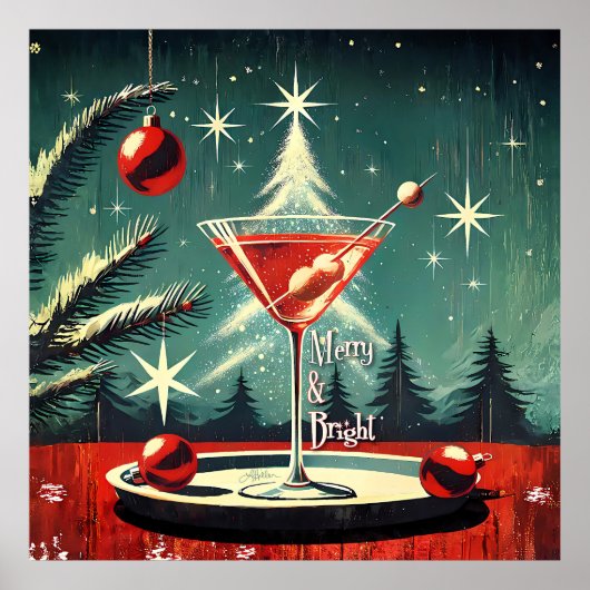 Retro 50s Snow Flurry Christmas Tree Martini ポスター (正面)