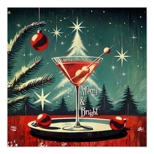 Retro 50s Snow Flurry Christmas Tree Martini ポスター (正面)