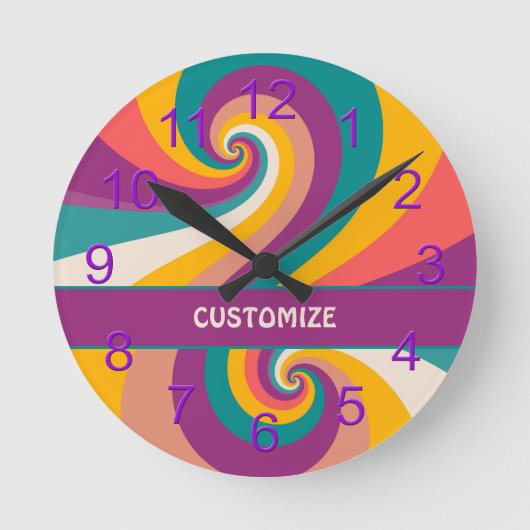 Retro 60s 70s Colorful Hippie Boho Swirl ラウンド壁時計 (正面)