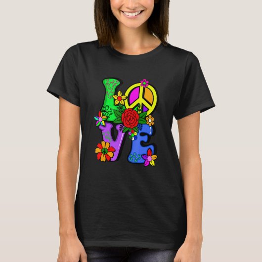 Retro 60's 70's Flower Power Hippy  Groovy Love Pe Tシャツ (正面)
