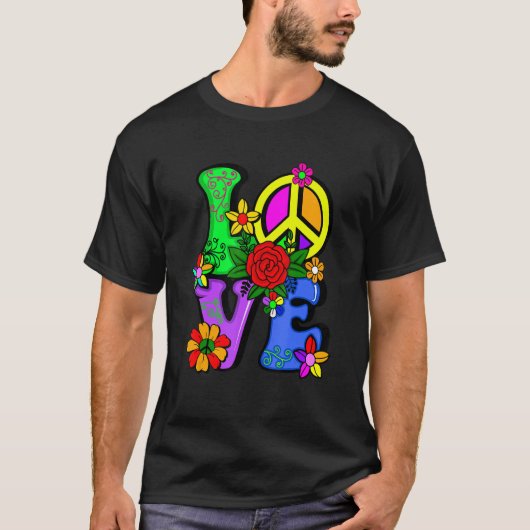 Retro 60's 70's Flower Power Hippy  Groovy Love Pe Tシャツ (正面)