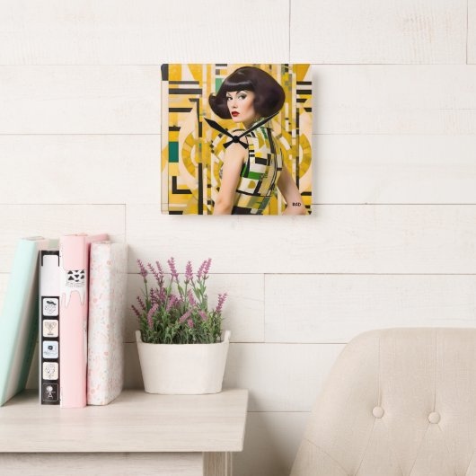 Retro 60's Beauty Geometric fashionplate yellow スクエア壁時計 (読書スペース)