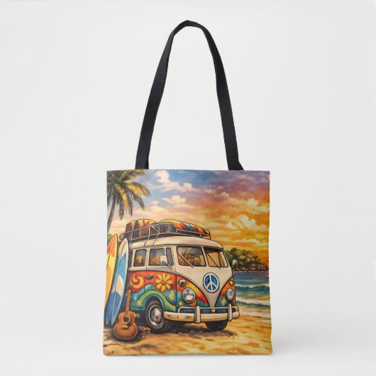 Retro 60s Hippie Beach Bus Sunset | Surf Life Art トートバッグ (正面)