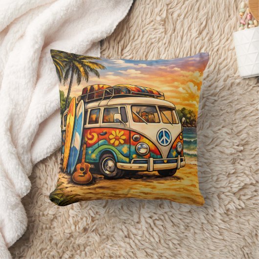 Retro 60s Hippie Beach Bus Sunset | Surf Van Life クッション (ブランケット)