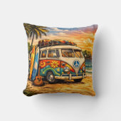 Retro 60s Hippie Beach Bus Sunset | Surf Van Life クッション (正面)