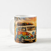 Retro 60s Hippie Beach Bus Sunset | Surf Van Life コーヒーマグカップ (正面左)