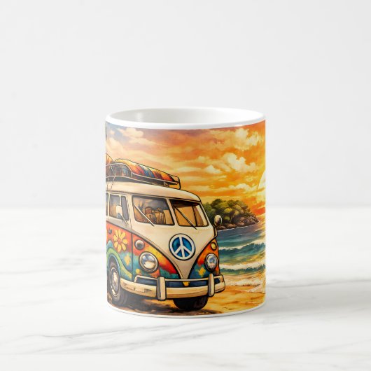 Retro 60s Hippie Beach Bus Sunset | Surf Van Life コーヒーマグカップ (中央)
