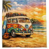 Retro 60s Hippie Beach Bus Sunset | Surf Van Life シャワーカーテン (正面)