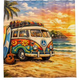 Retro 60s Hippie Beach Bus Sunset | Surf Van Life シャワーカーテン