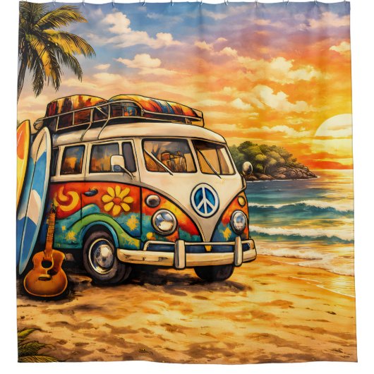 Retro 60s Hippie Beach Bus Sunset | Surf Van Life シャワーカーテン (正面)