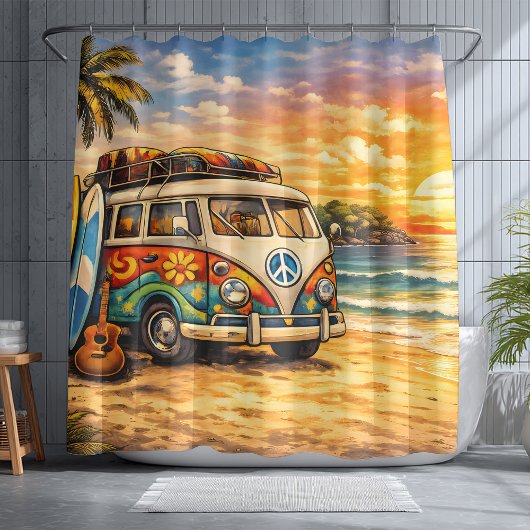 Retro 60s Hippie Beach Bus Sunset | Surf Van Life シャワーカーテン