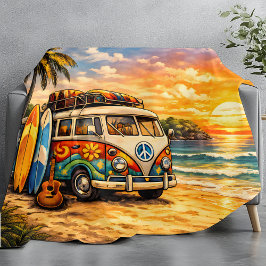 Retro 60s Hippie Beach Bus Sunset | Surf Van Life フリースブランケット