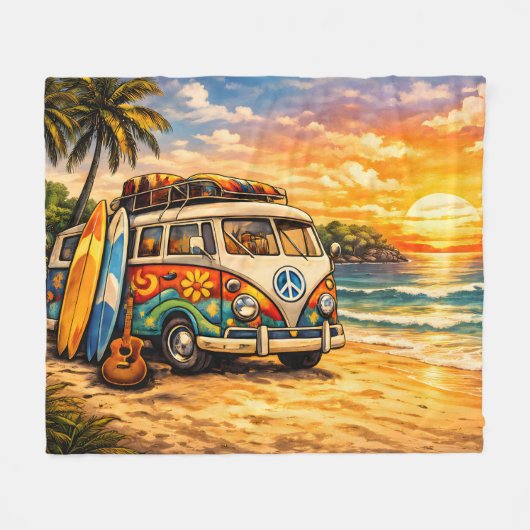 Retro 60s Hippie Beach Bus Sunset | Surf Van Life フリースブランケット (正面(横))