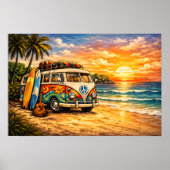 Retro 60s Hippie Beach Bus Sunset | Surf Van Life ポスター (正面)
