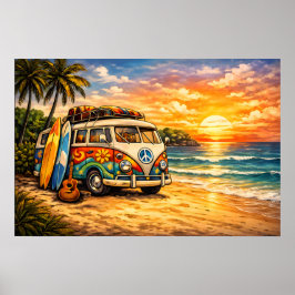 Retro 60s Hippie Beach Bus Sunset | Surf Van Life ポスター