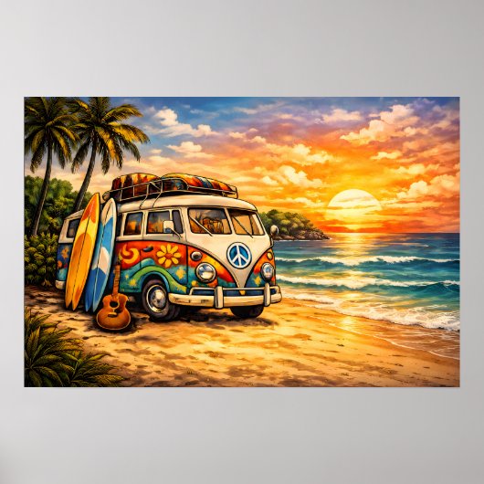 Retro 60s Hippie Beach Bus Sunset | Surf Van Life ポスター (正面)