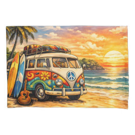 Retro 60s Hippie Beach Bus Sunset | Surf Van Life 枕カバー